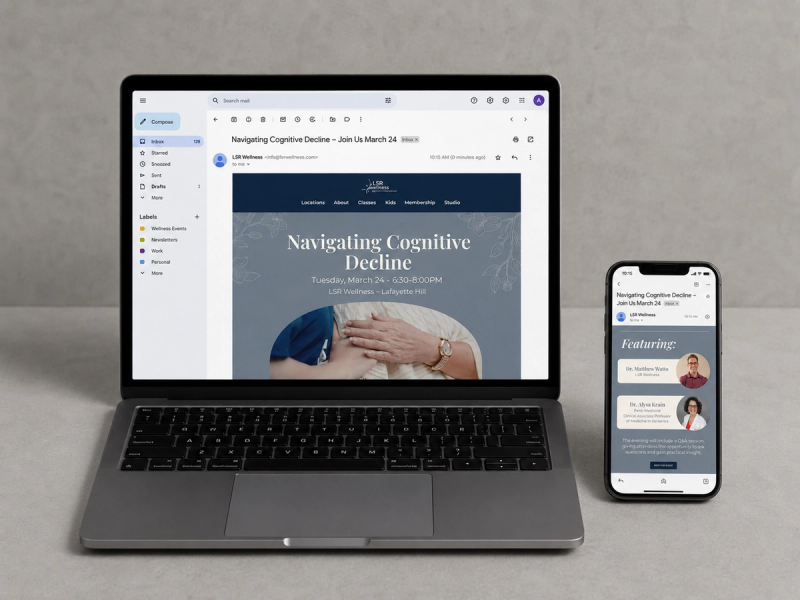 LSR Wellness event newsletter shown on a laptop and phone