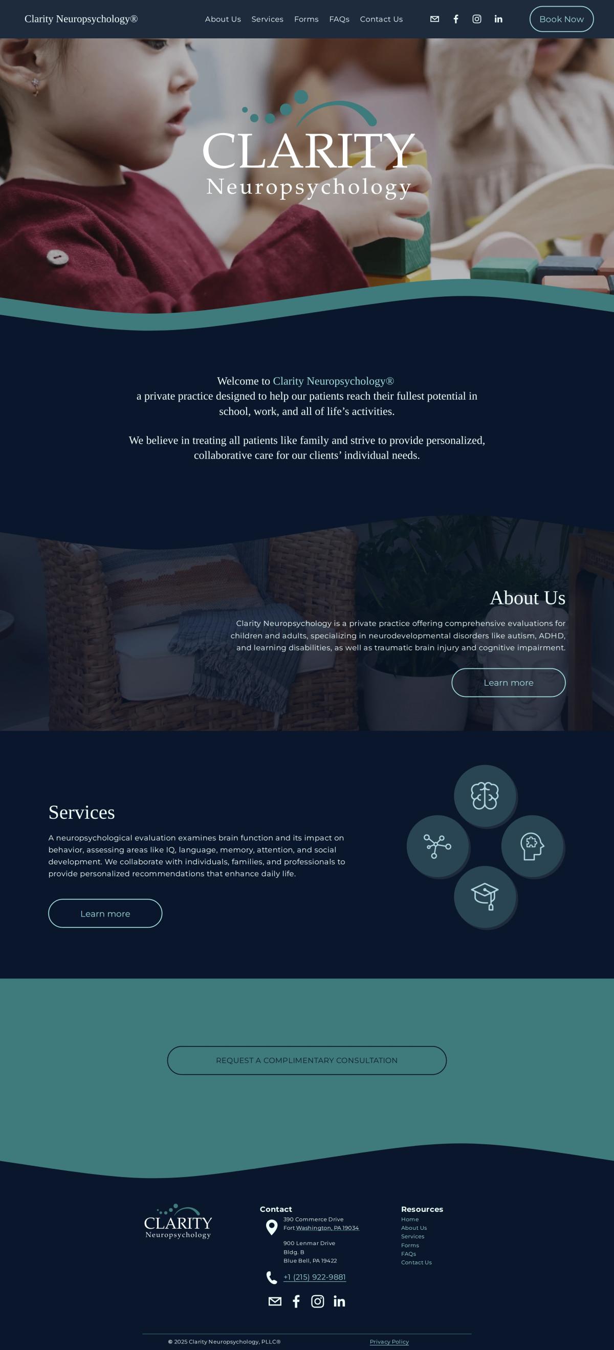 Clarity Neuropsychology website — homepage, desktop view
