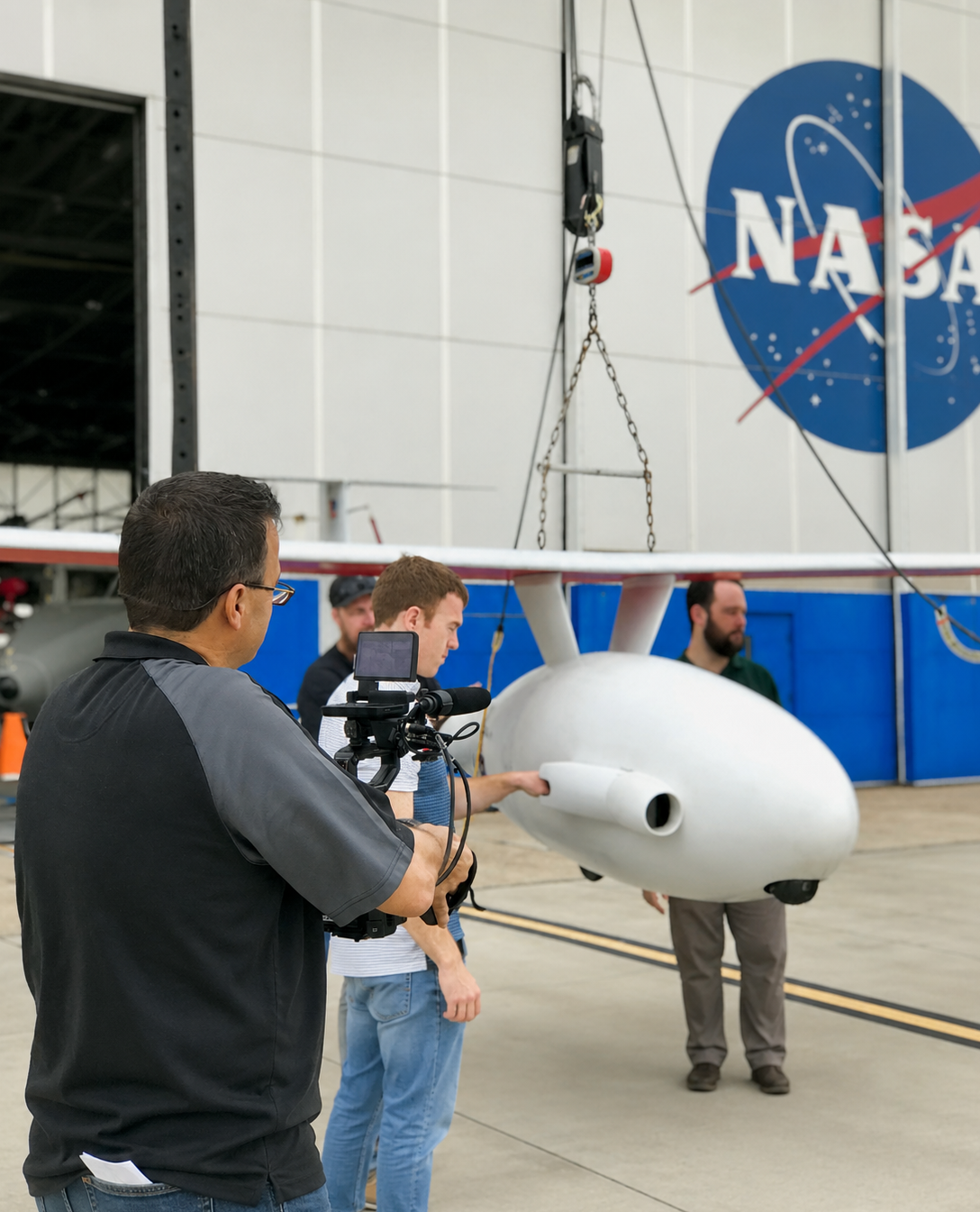 Videographer filming an aircraft outside a NASA hangar