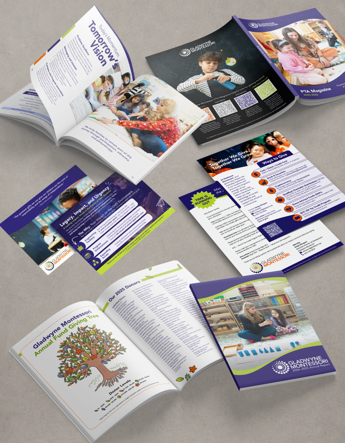 Gladwyne Montessori print collateral — PTA magazine, annual report, and donor flyers