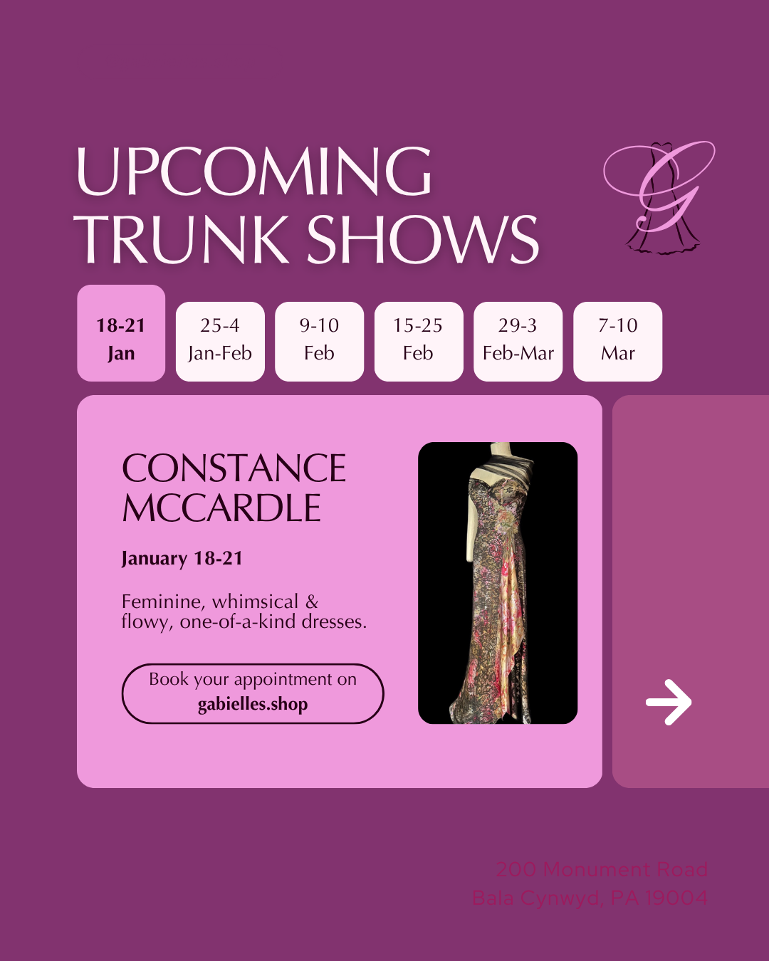 Gabrielle — “Upcoming Trunk Shows” carousel title slide