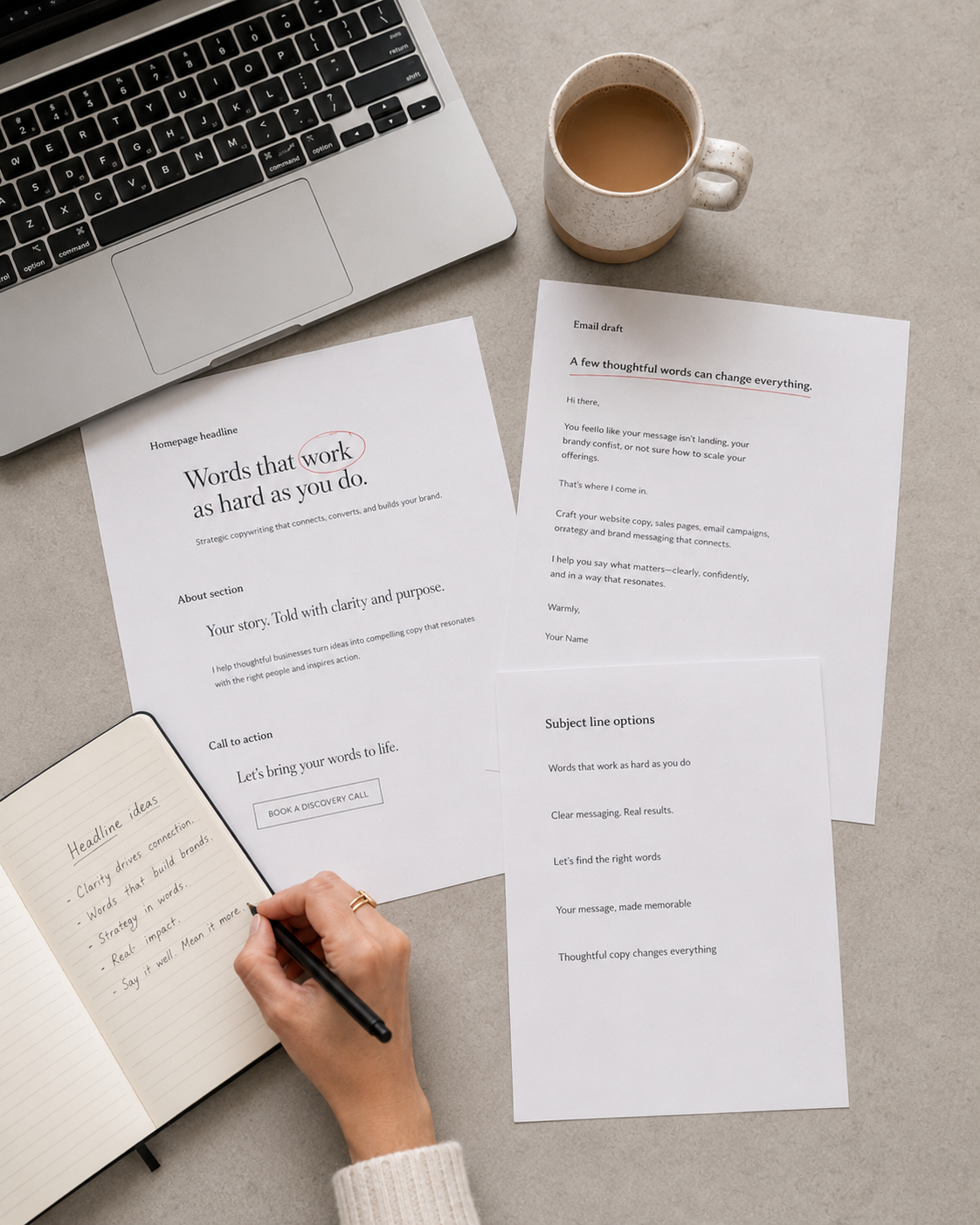 Copywriting workspace — homepage headline, email draft, and subject line options on a desk