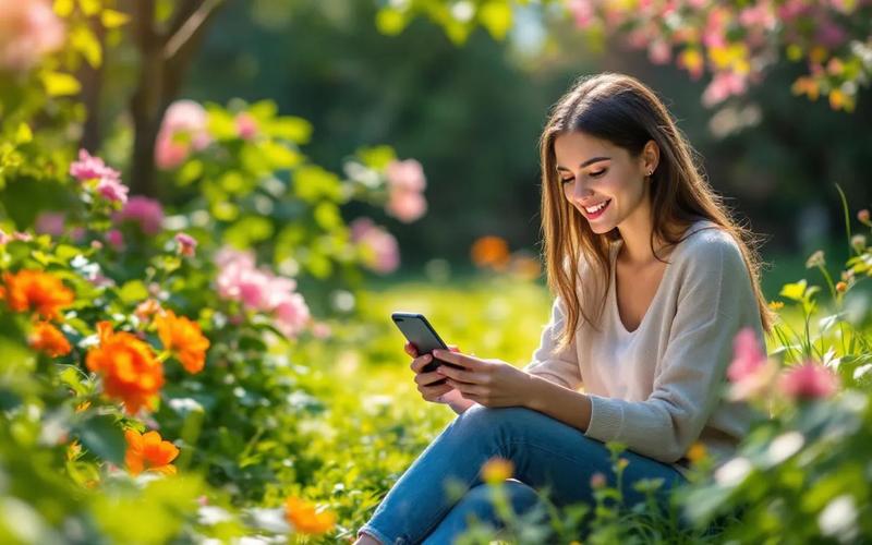 young woman in the garden studying languages using AI