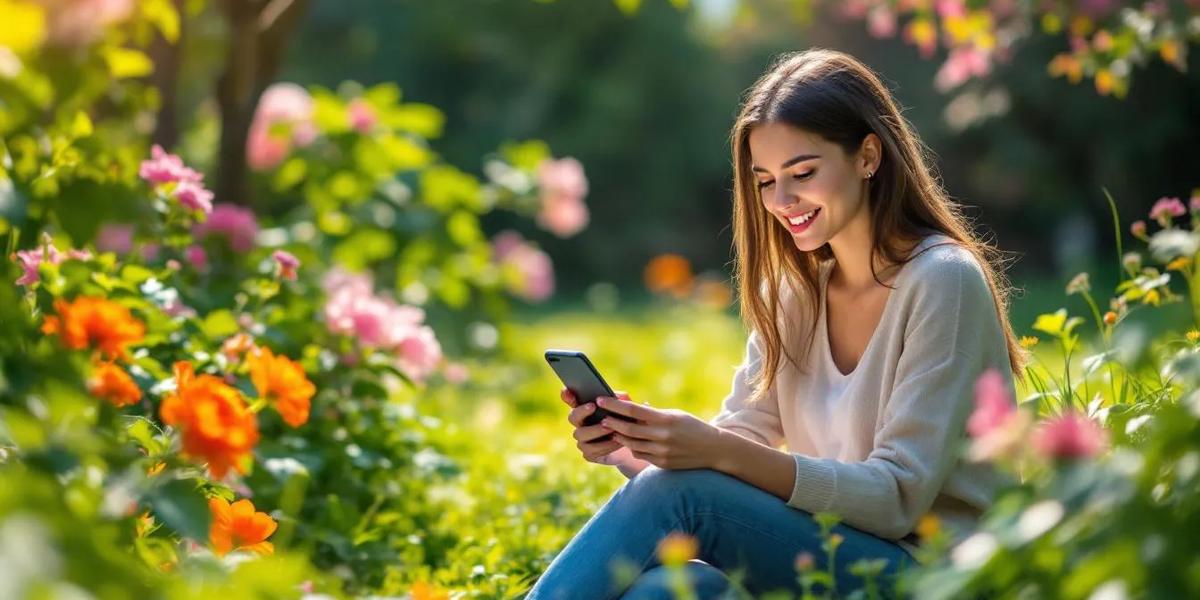young woman in the garden studying languages using AI