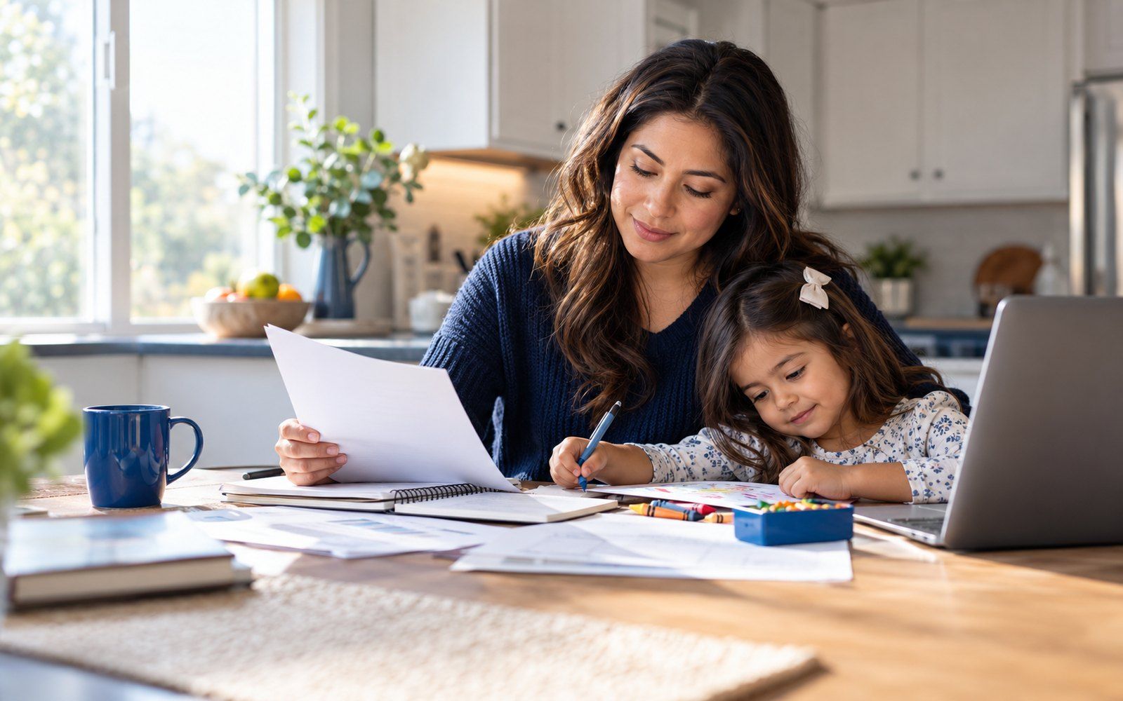 A mother at a sunlit kitchen table reviewing family paperwork while her young daughter draws beside her
