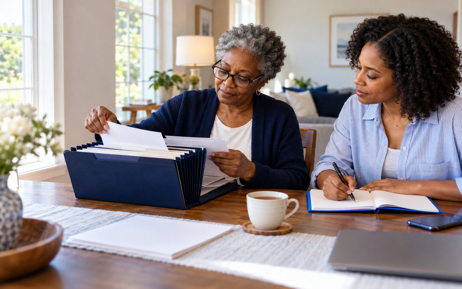 A Black American woman in her 60s sorts papers from a navy accordion file at her dining table while her adult daughter takes notes beside her