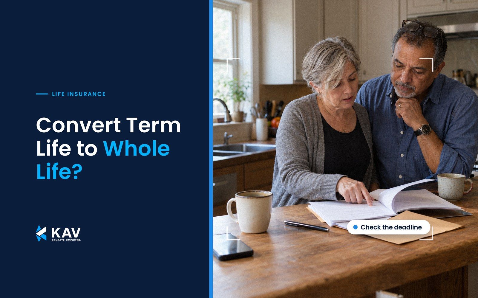 Blog thumbnail: a split magazine layout with a navy text panel and a photo of a grey-haired woman and her husband reading a printed policy together at their kitchen counter, beside the headline Convert Term Life to Whole Life?