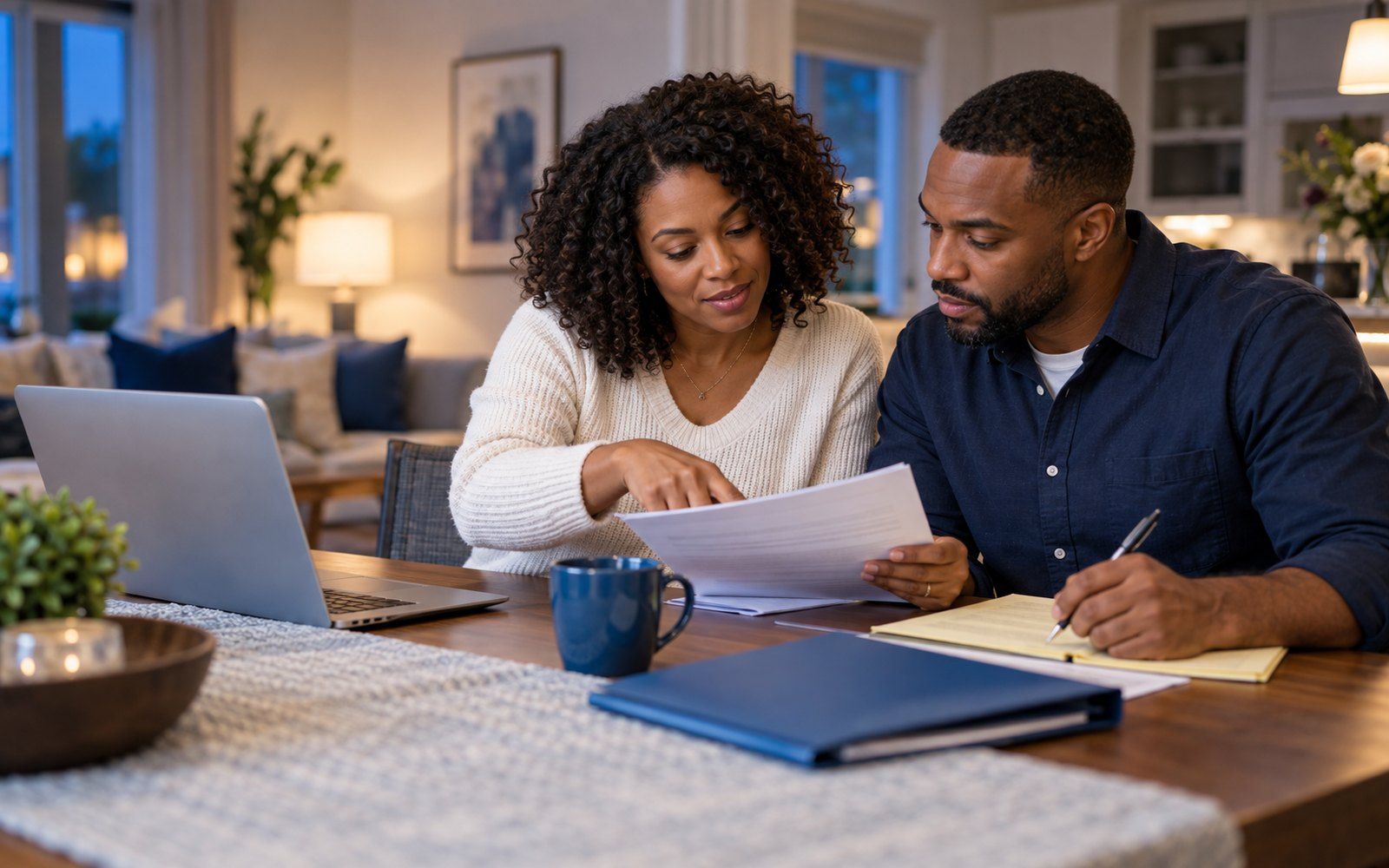 A couple at their dining table reading through a life insurance policy together, with a laptop and a cup of coffee