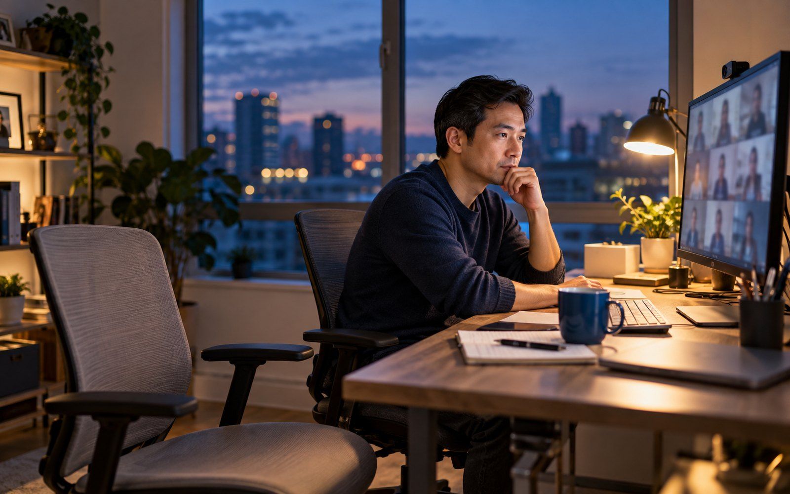 A man working from his home office on a video call at dusk, with an empty chair beside his desk