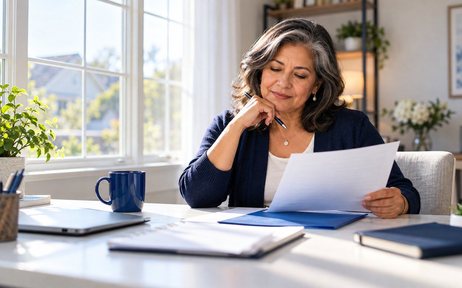 A Latina American woman in her late 50s with silver-streaked hair reads a printed statement at a sunlit home-office desk, pen in hand, beside a navy notebook, a blue folder and a royal blue mug