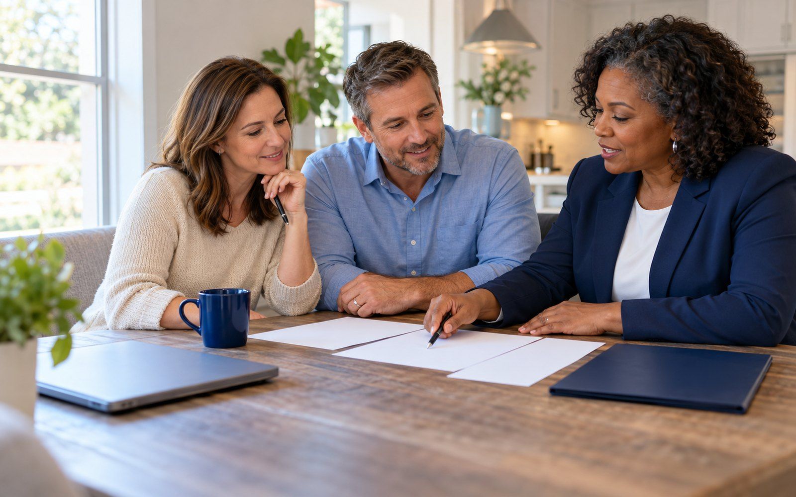A financial advisor in a navy blazer points to blank worksheets as a couple listens at their kitchen table