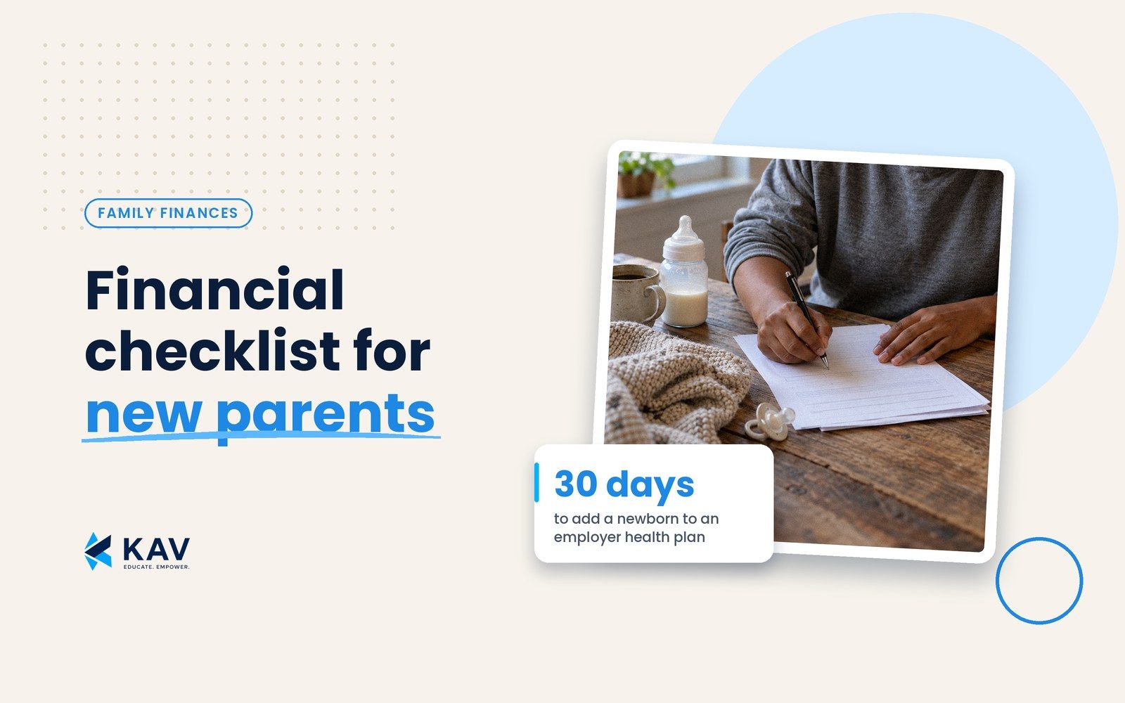 Blog thumbnail: a tilted photo print of a parent's hands filling in a form beside a baby blanket, bottle and pacifier, with a 30 days stat card, beside the headline Financial checklist for new parents