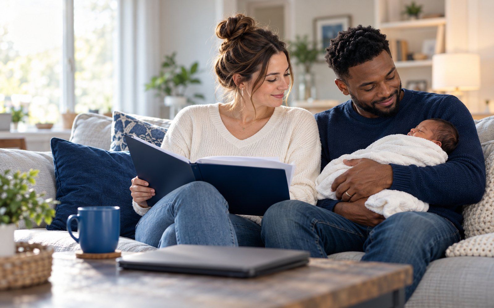 A white American mother in a cream sweater reads a navy folder of paperwork on a living-room sofa while a Black American father in a navy sweater cradles their sleeping newborn beside her, with a blue mug and a closed laptop on the coffee table