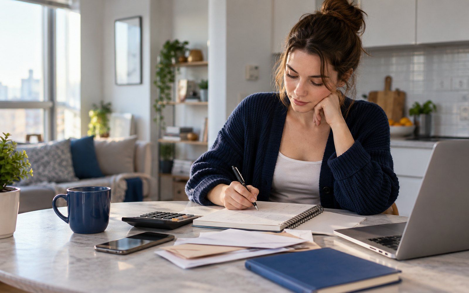 A young woman at her apartment kitchen table working through her monthly budget with a notebook, calculator and laptop