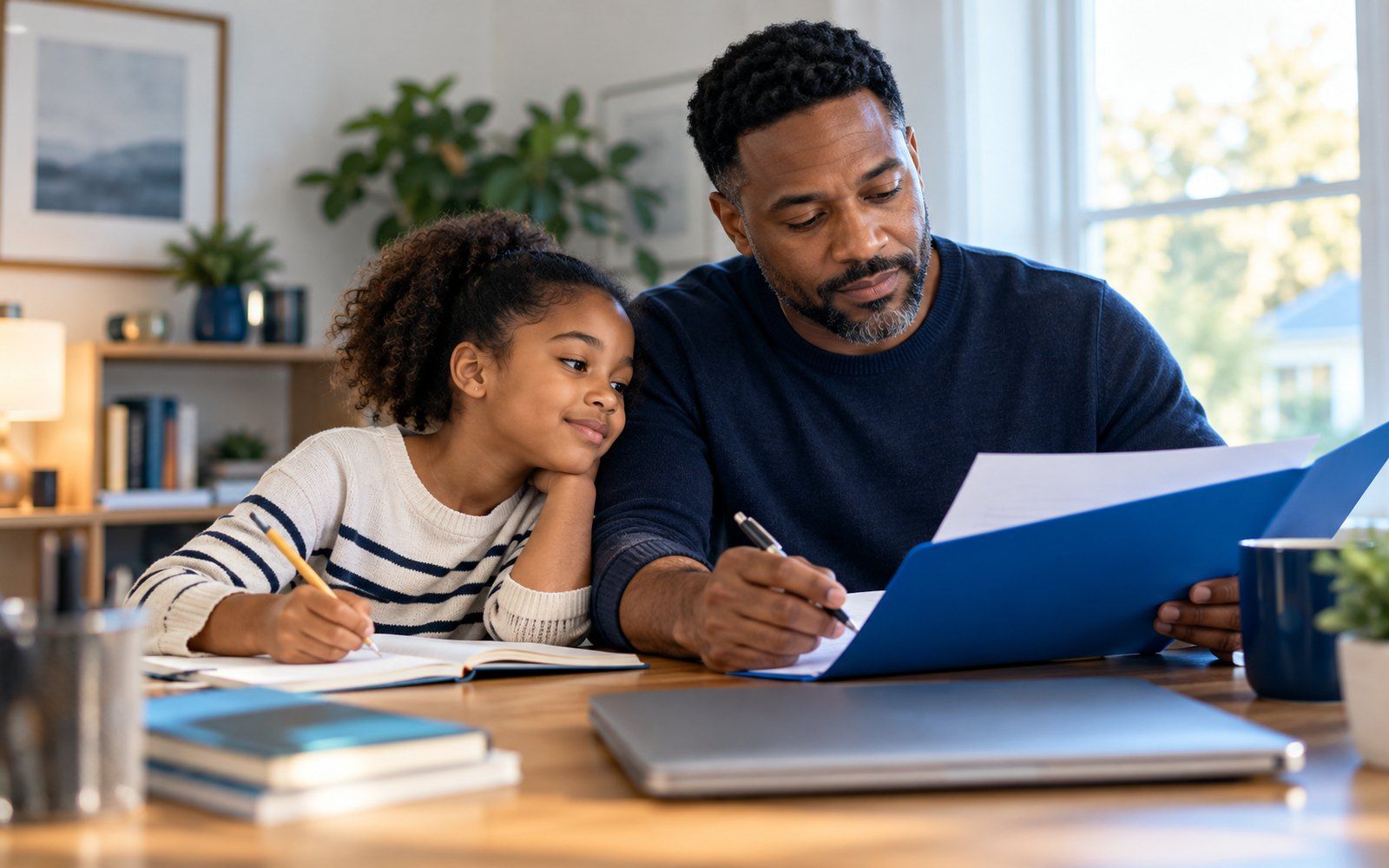A father in a navy sweater reviews papers in a blue folder at a home desk while his young daughter, in a striped sweater, does homework beside him and leans on his shoulder