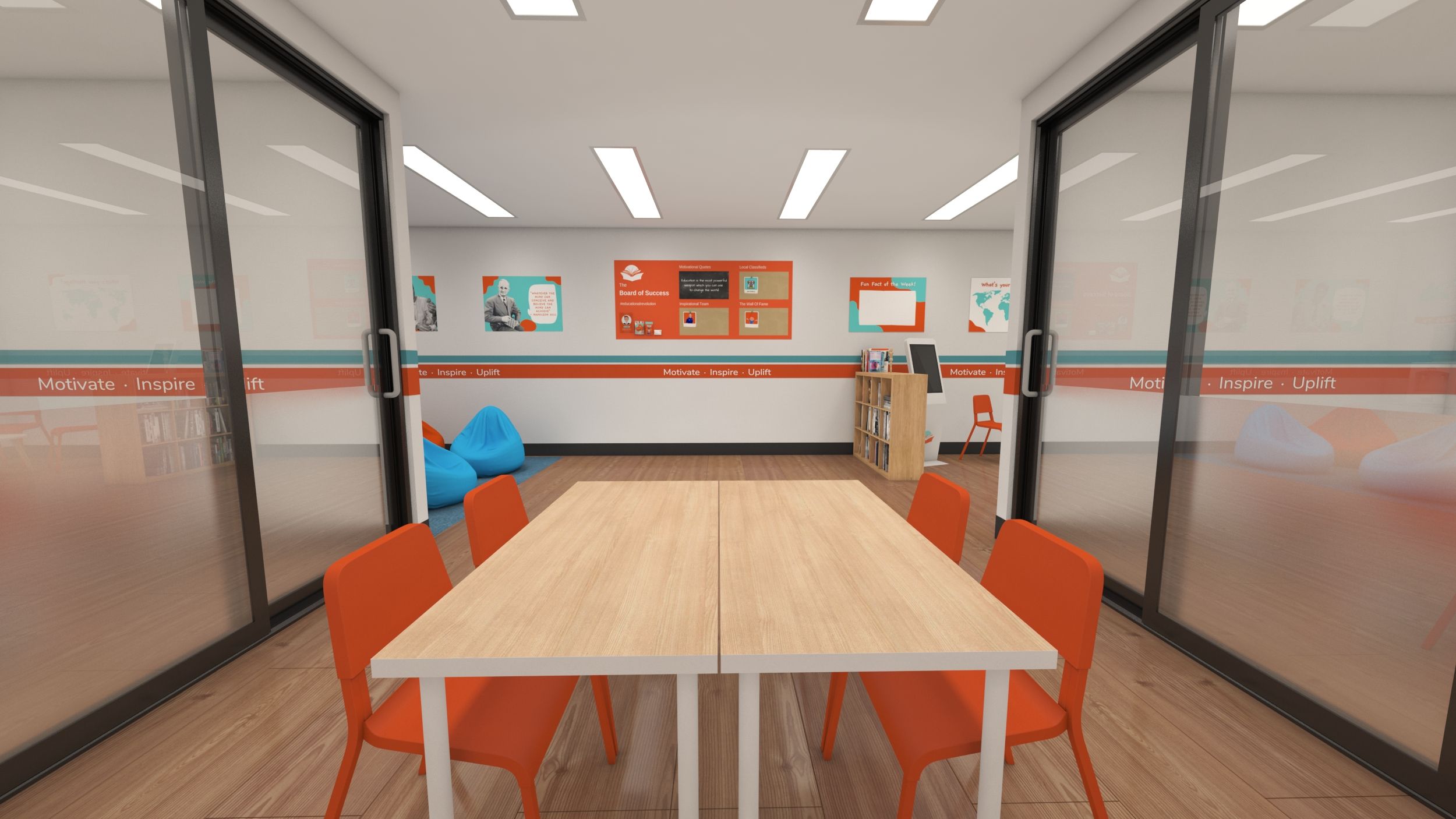 there is a table and chairs in the middle of the room .