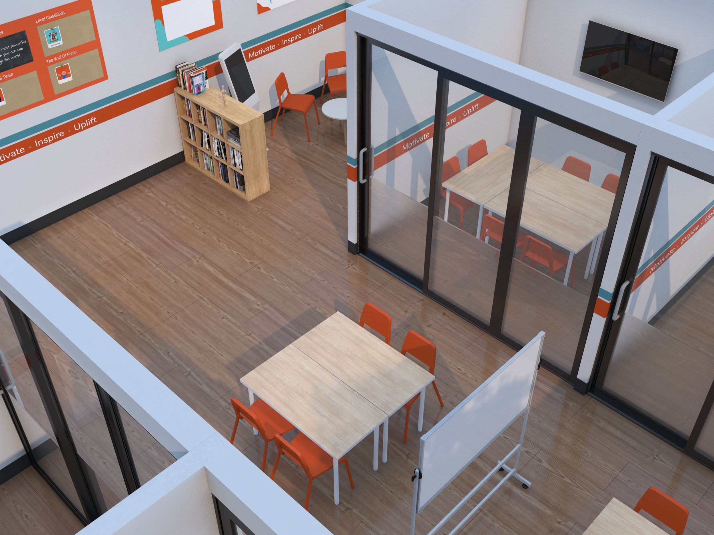 an aerial view of a classroom with tables and chairs .