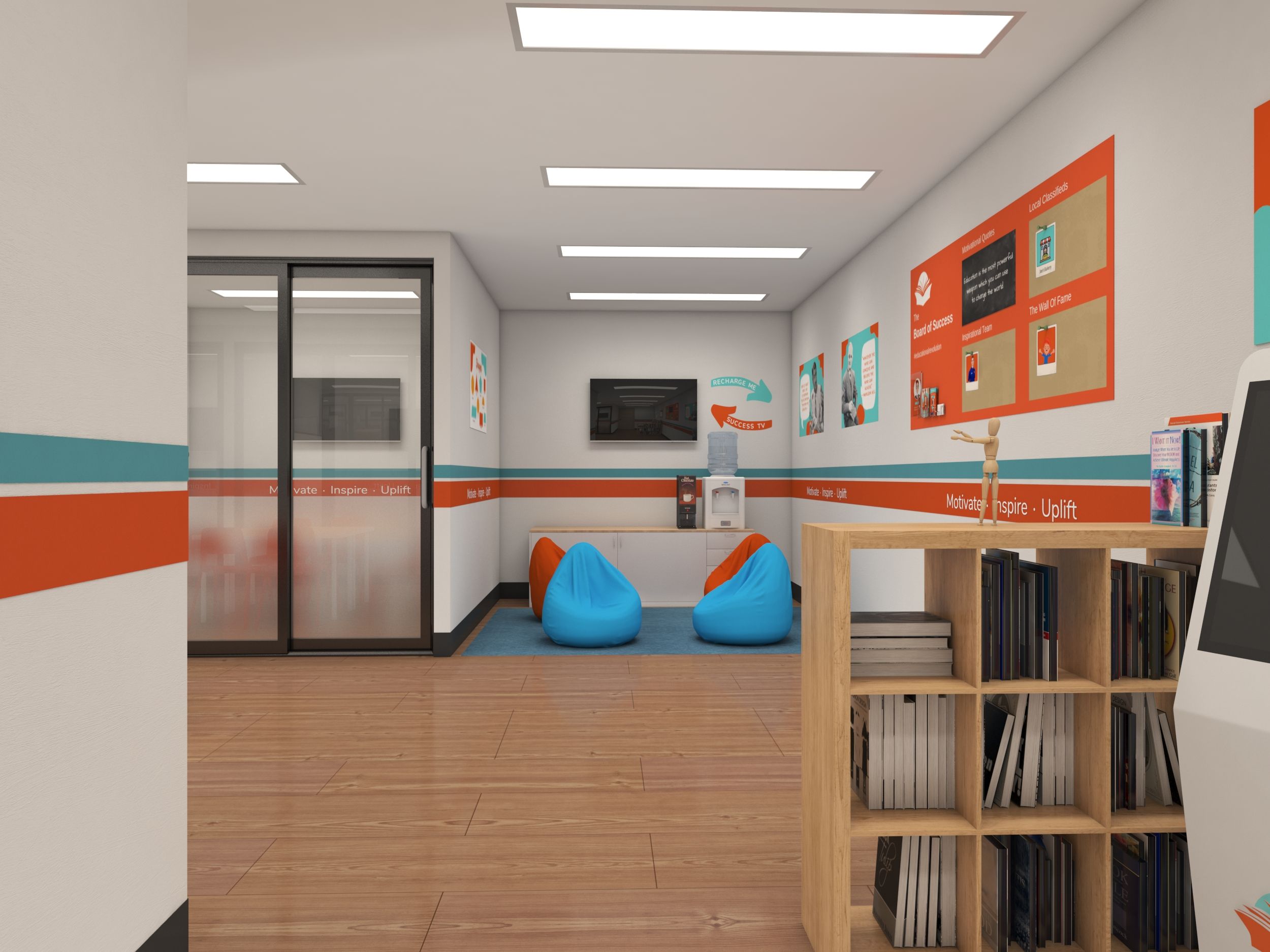 a 3d rendering of a waiting room with bean bag chairs and a bookshelf .