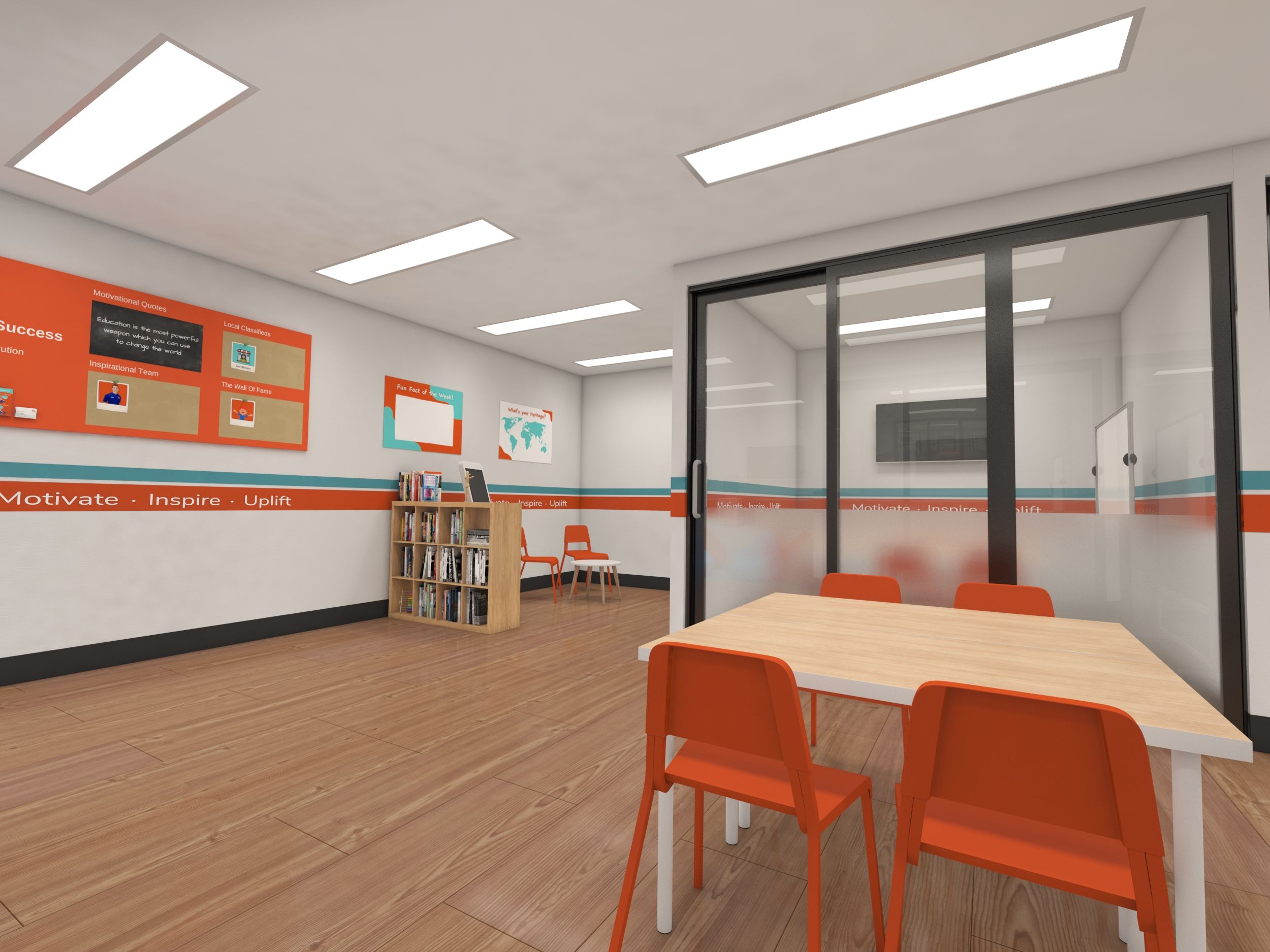 an artist 's impression of a classroom with a table and chairs .