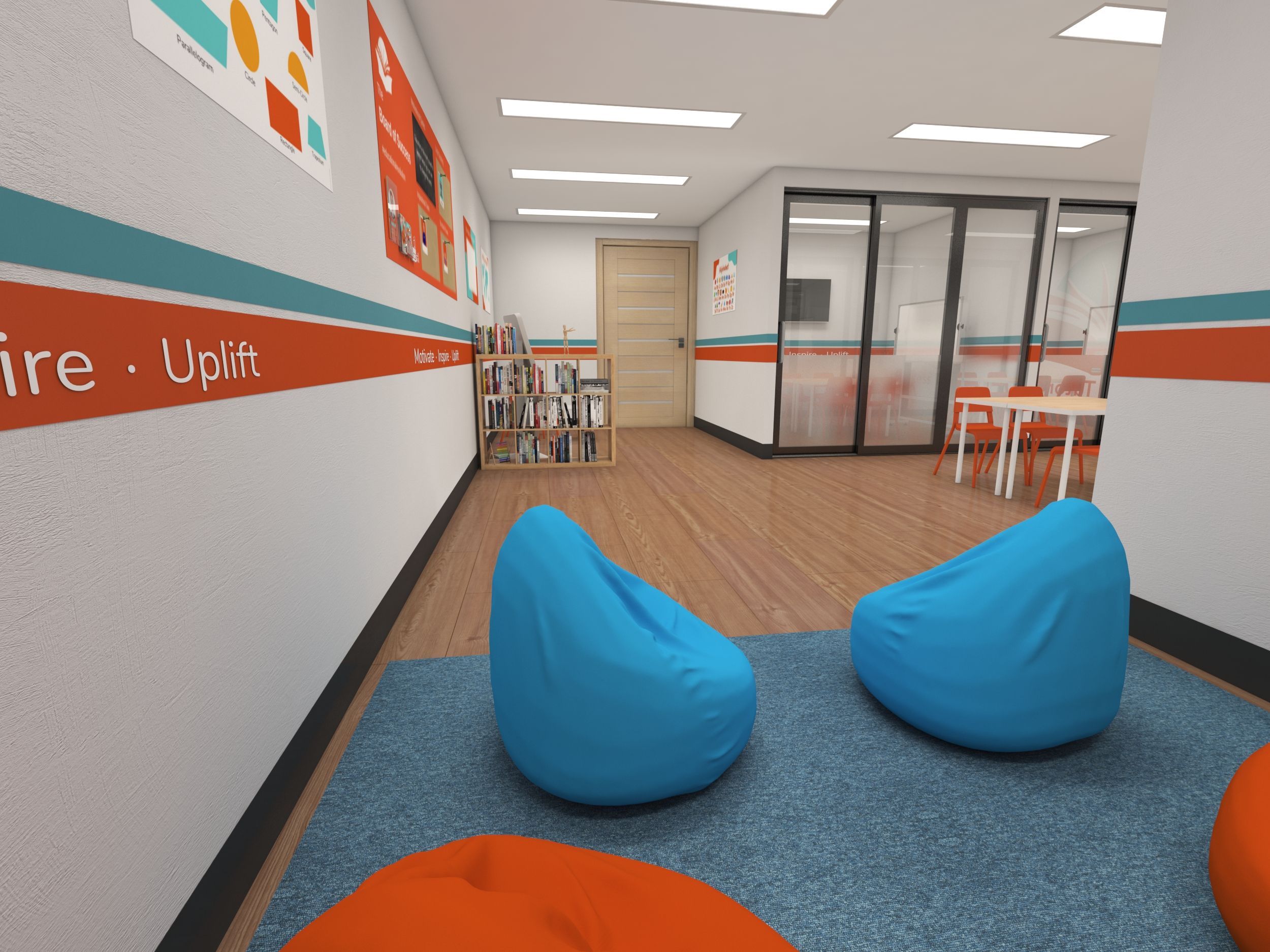 a room with bean bag chairs and a bookshelf .