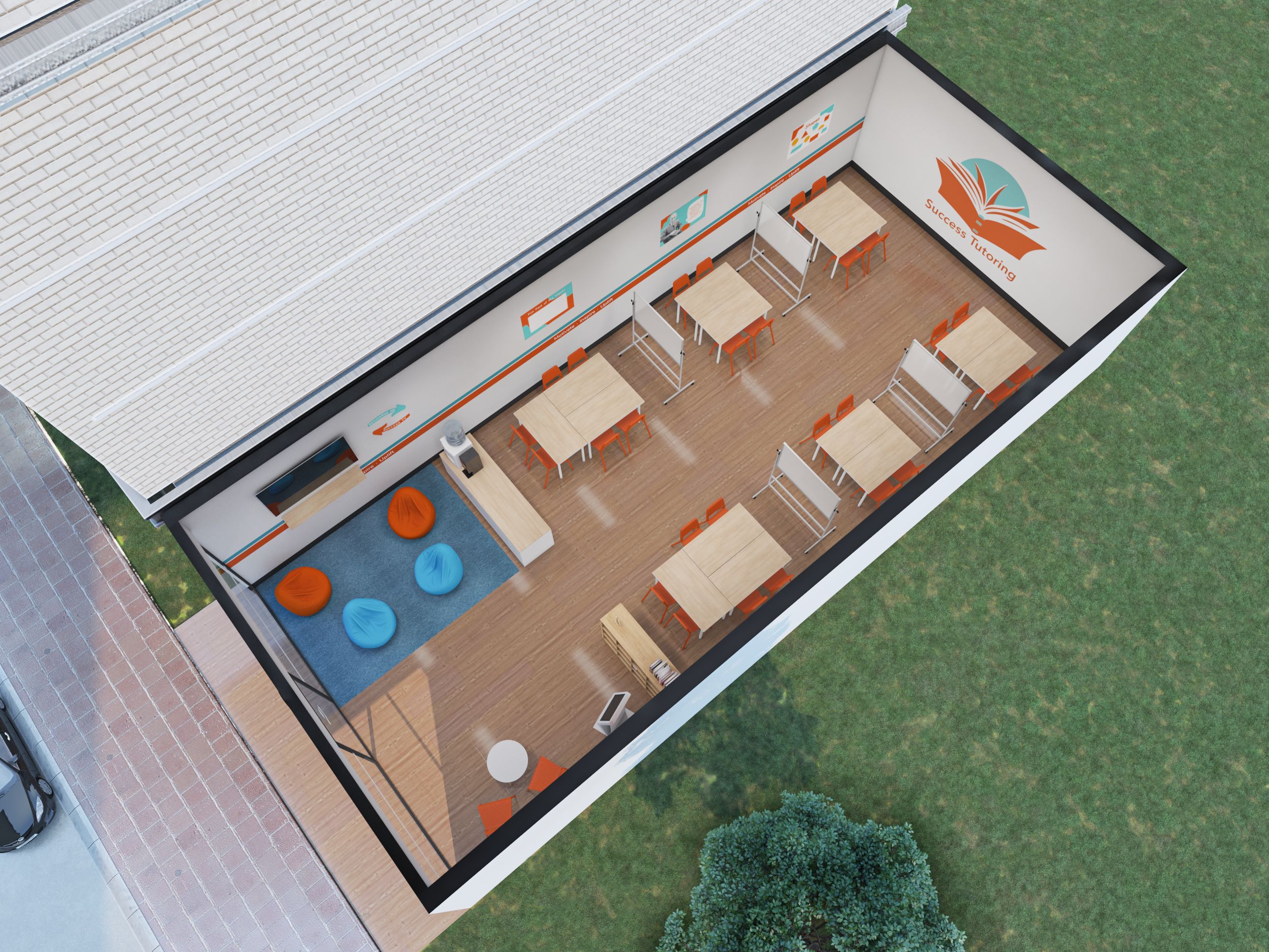 an aerial view of a classroom with tables and chairs .