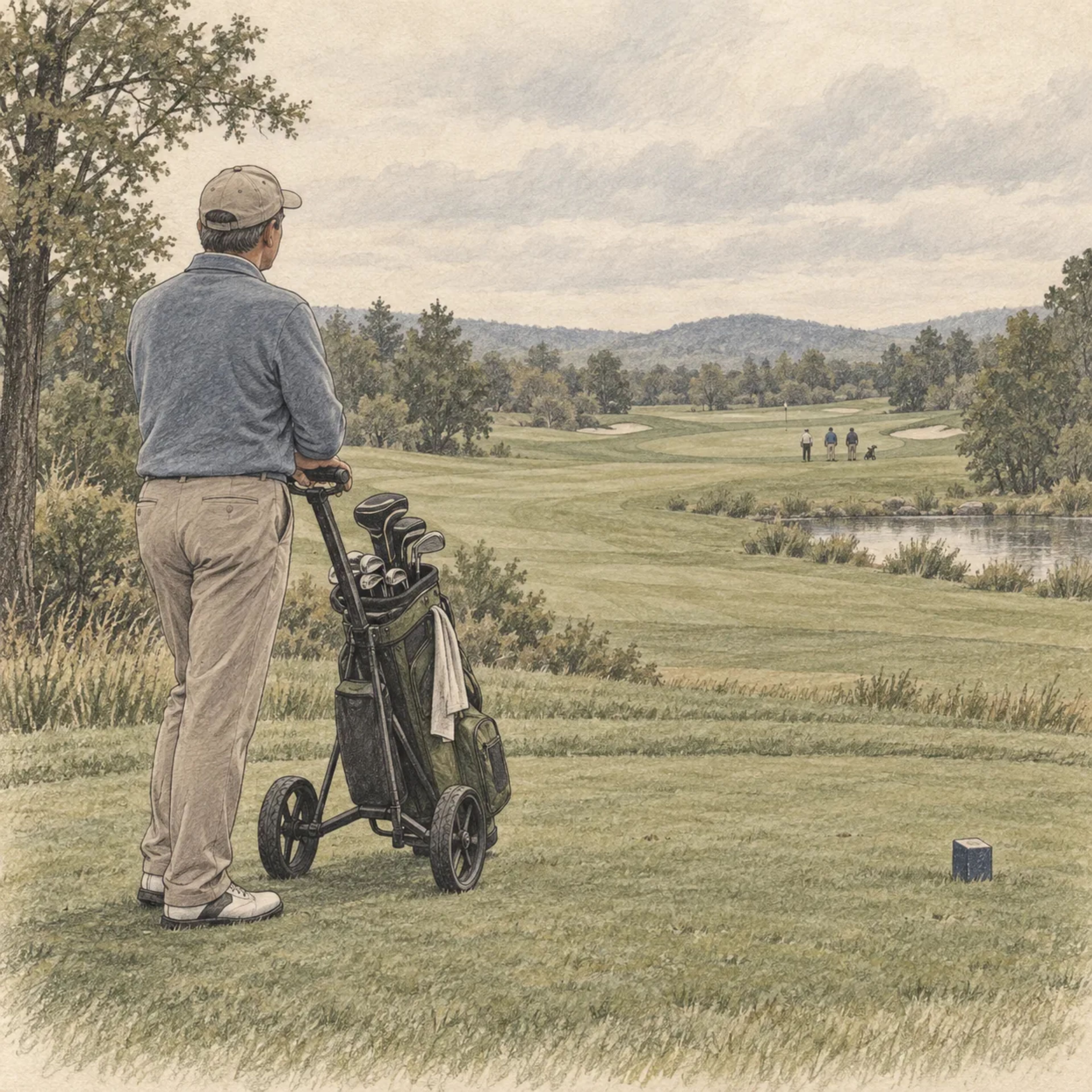 Golfer waiting calmly beside a pushcart while a distant group plays ahead.