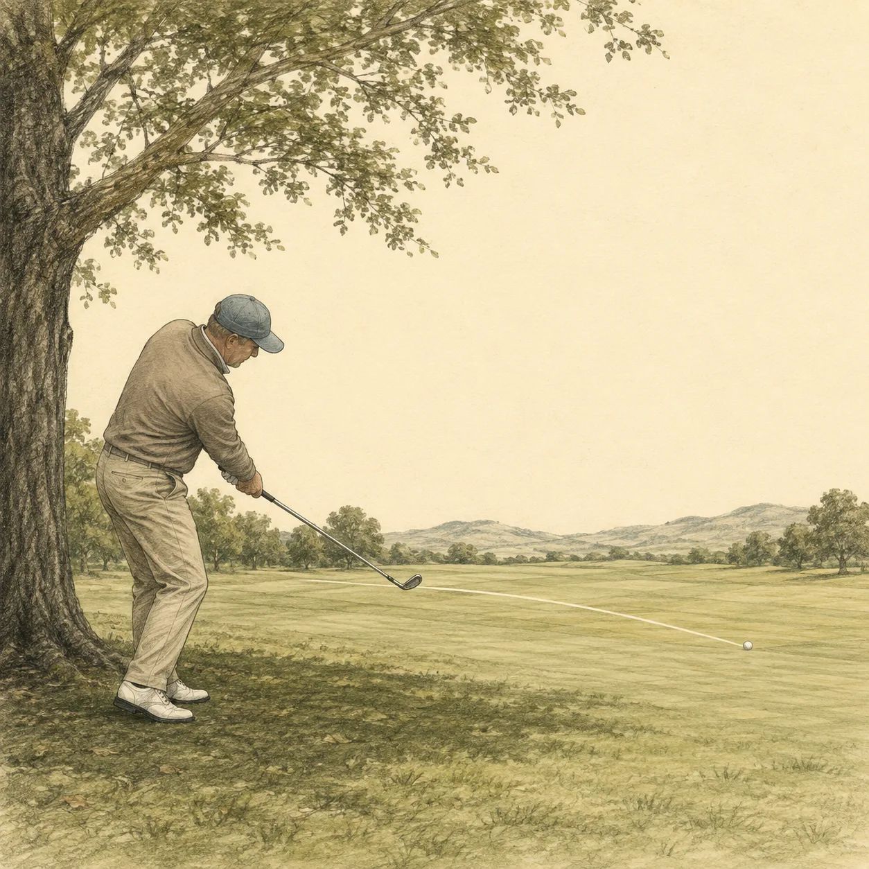 Golfer playing a low punch-out beneath tree branches toward an open fairway