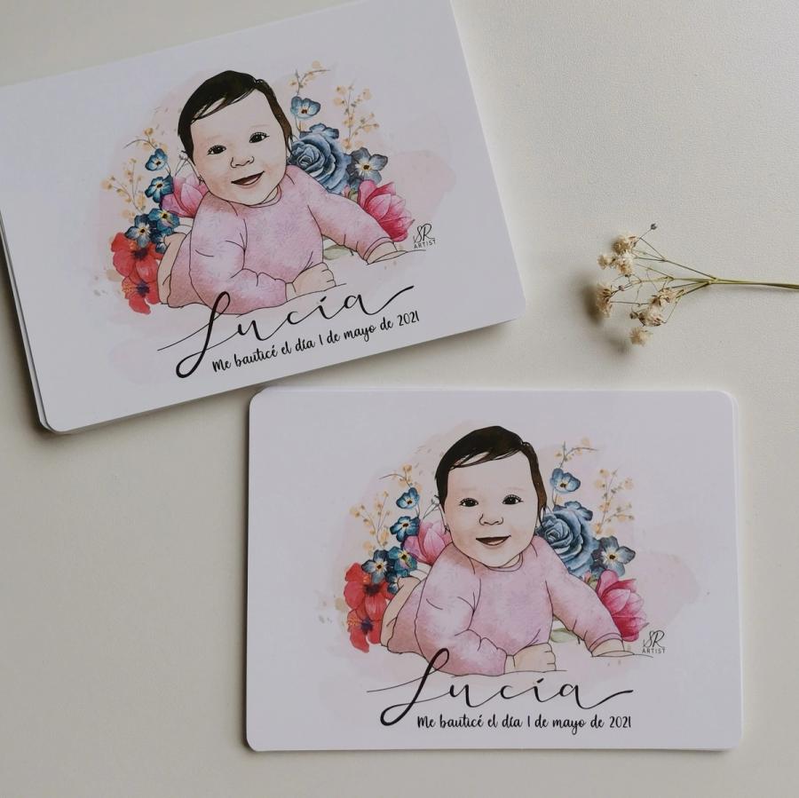 Recordatorio de bautizo personalizado de Lucía con flores