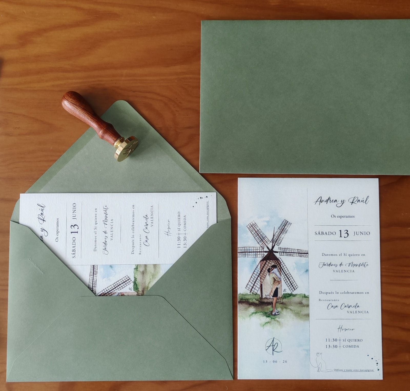 Invitación de boda con molino en acuarela