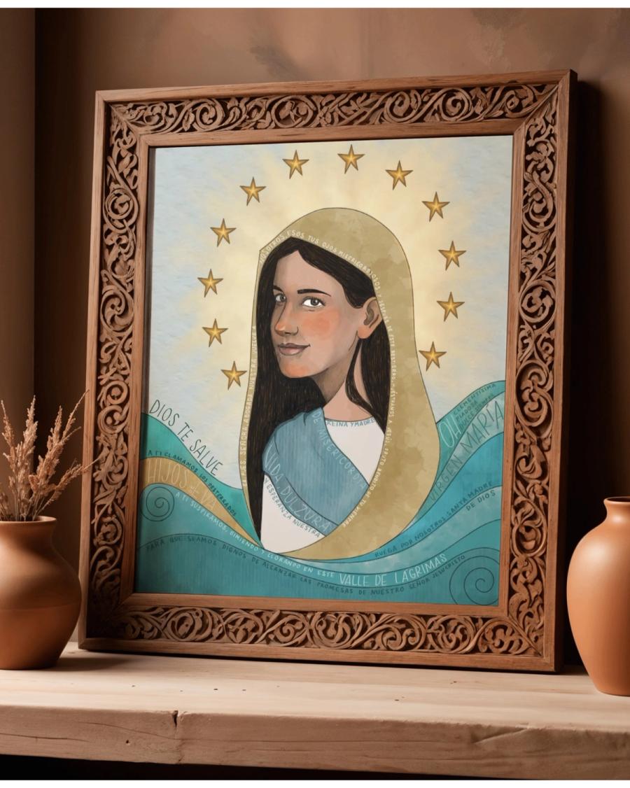 Ilustración de la Virgen María con la oración "Dios te salve"