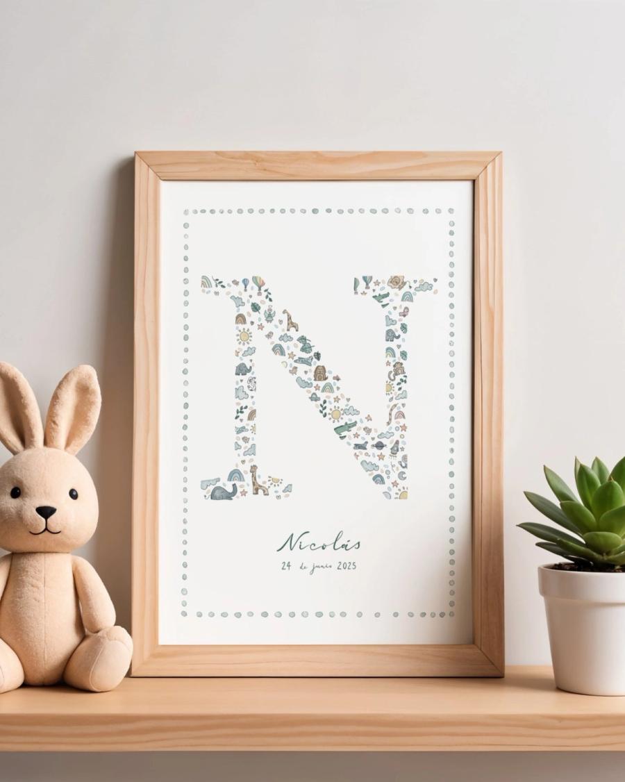 Letra N personalizada con ilustraciones para Nicolás