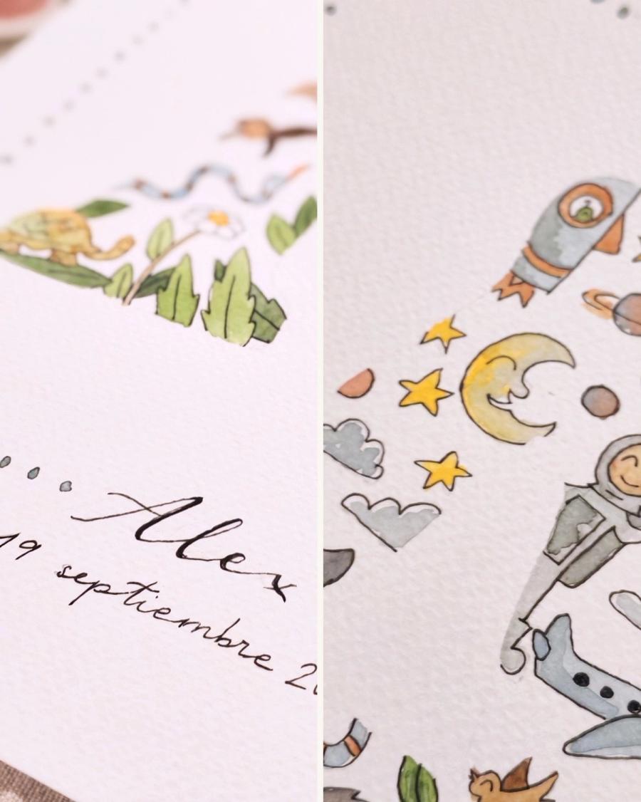 Detalle de letra personalizada con ilustraciones de selva y espacio para Álex