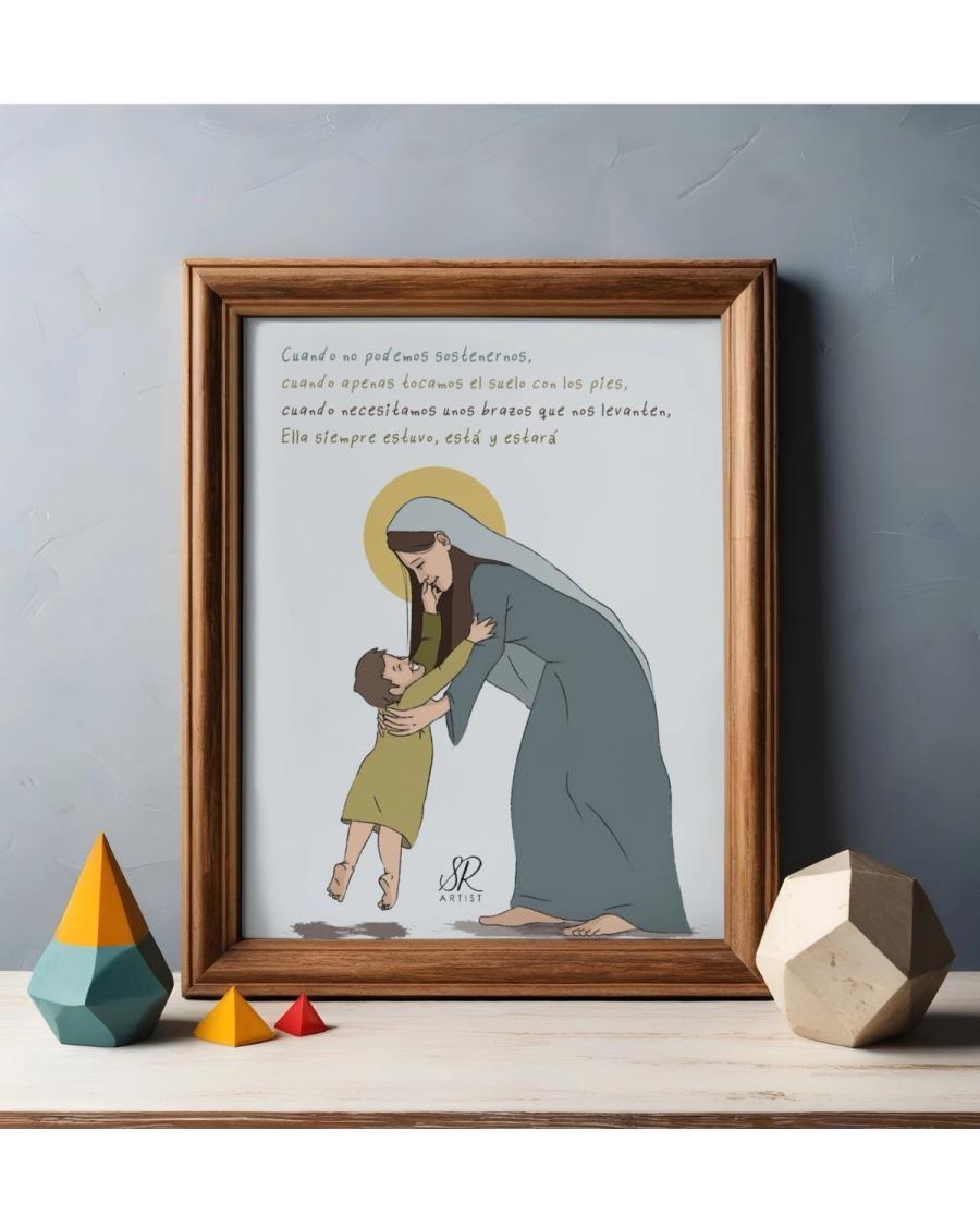 Ilustración de la Virgen sosteniendo a un niño, "Cuando no podemos sostenernos"
