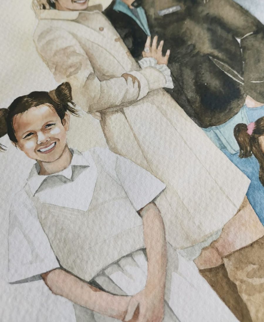 detalle de un retrato familiar en acuarela