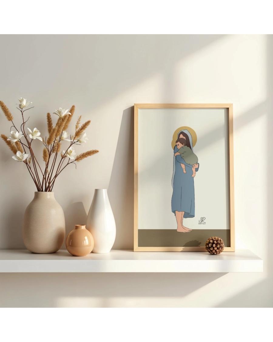 Ilustración de la Virgen caminando con el Niño en brazos