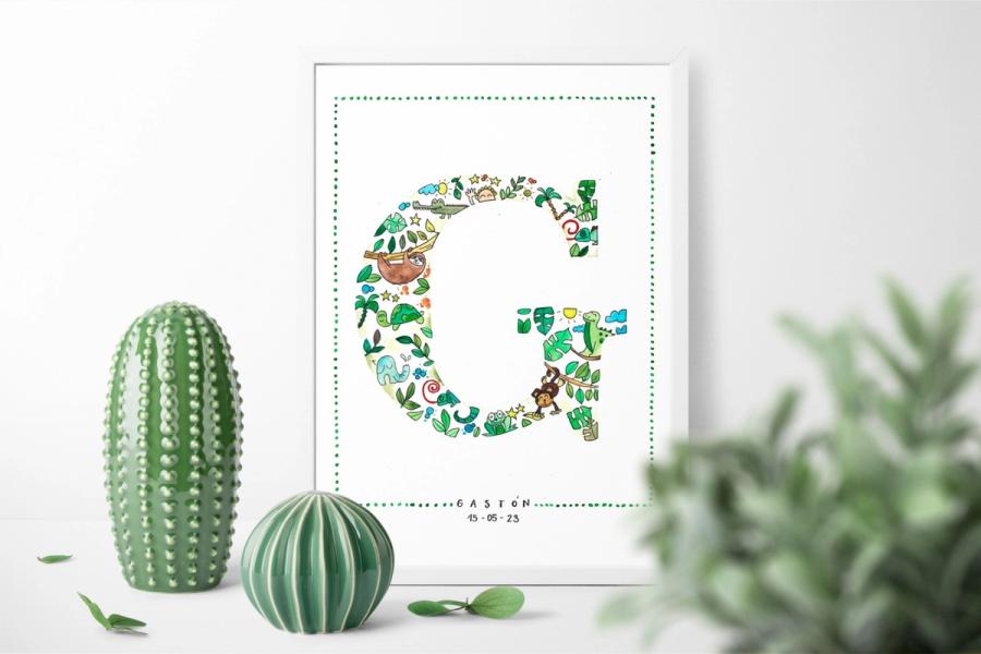 Letra G personalizada con ilustraciones de selva para Gastón