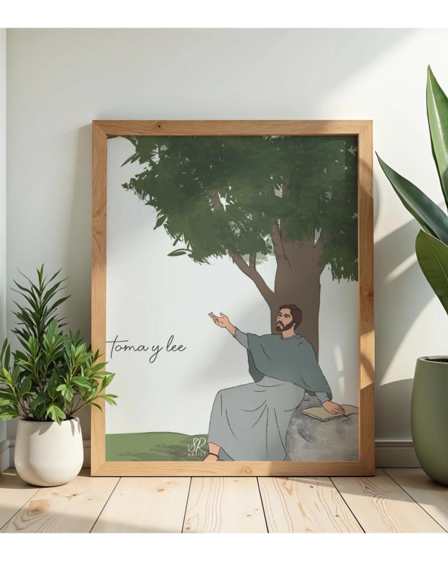 Ilustración de San Agustín bajo un árbol, "Toma y lee"