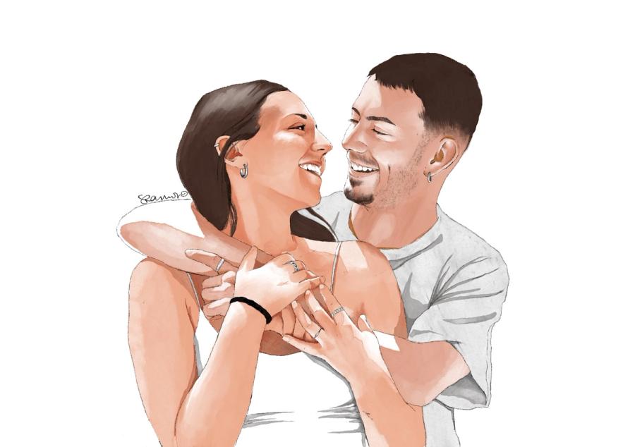 Ilustración de pareja abrazada y riendo