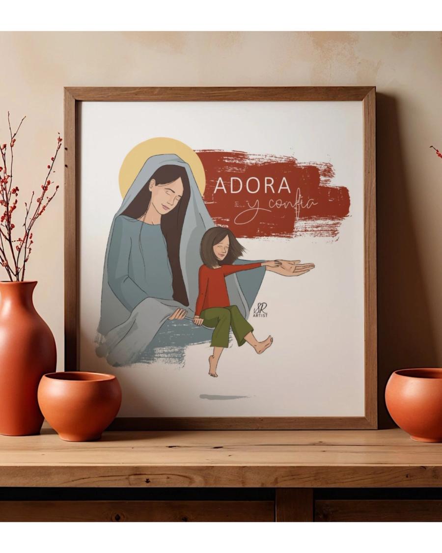 Ilustración de la Virgen con una niña, "Adora y confía"