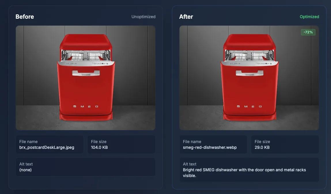 Red retro fridge shown in a before-and-after comparison.