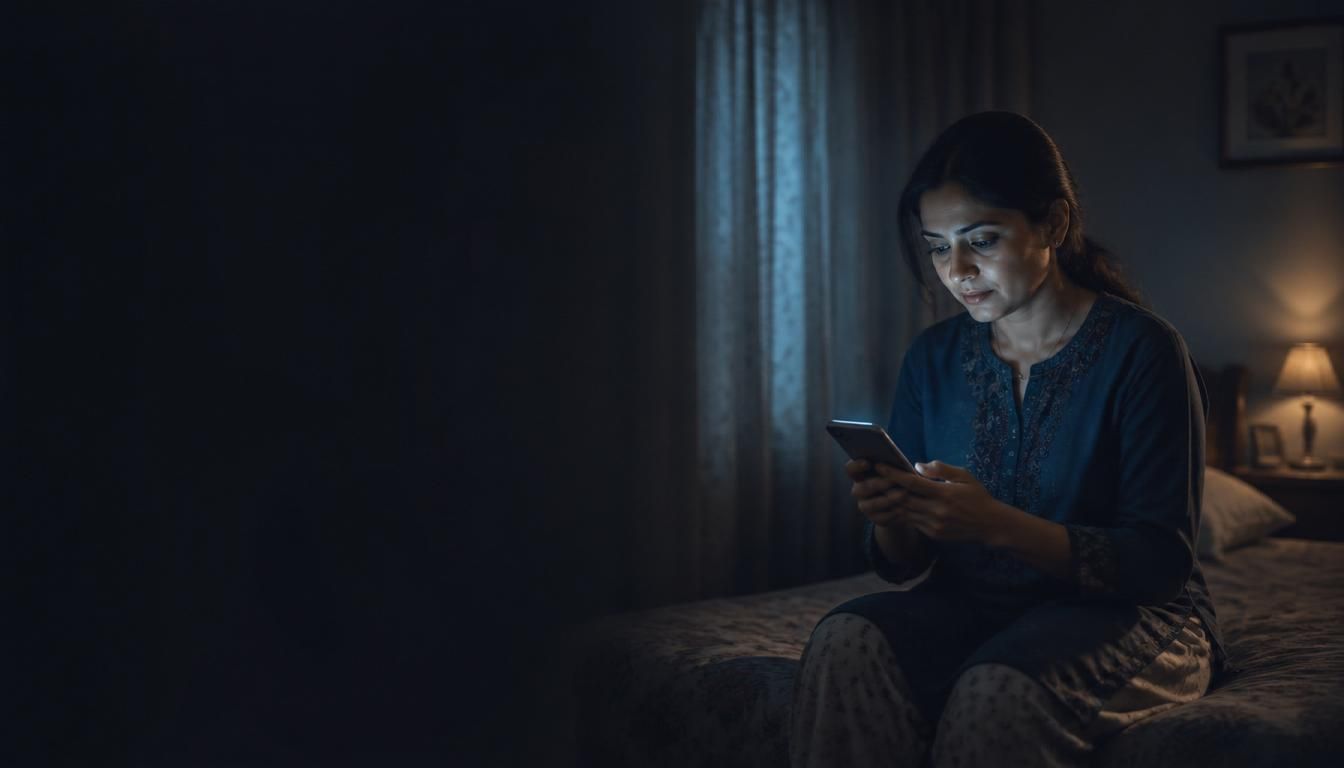 Woman reading her ultrasound report on her phone at night
