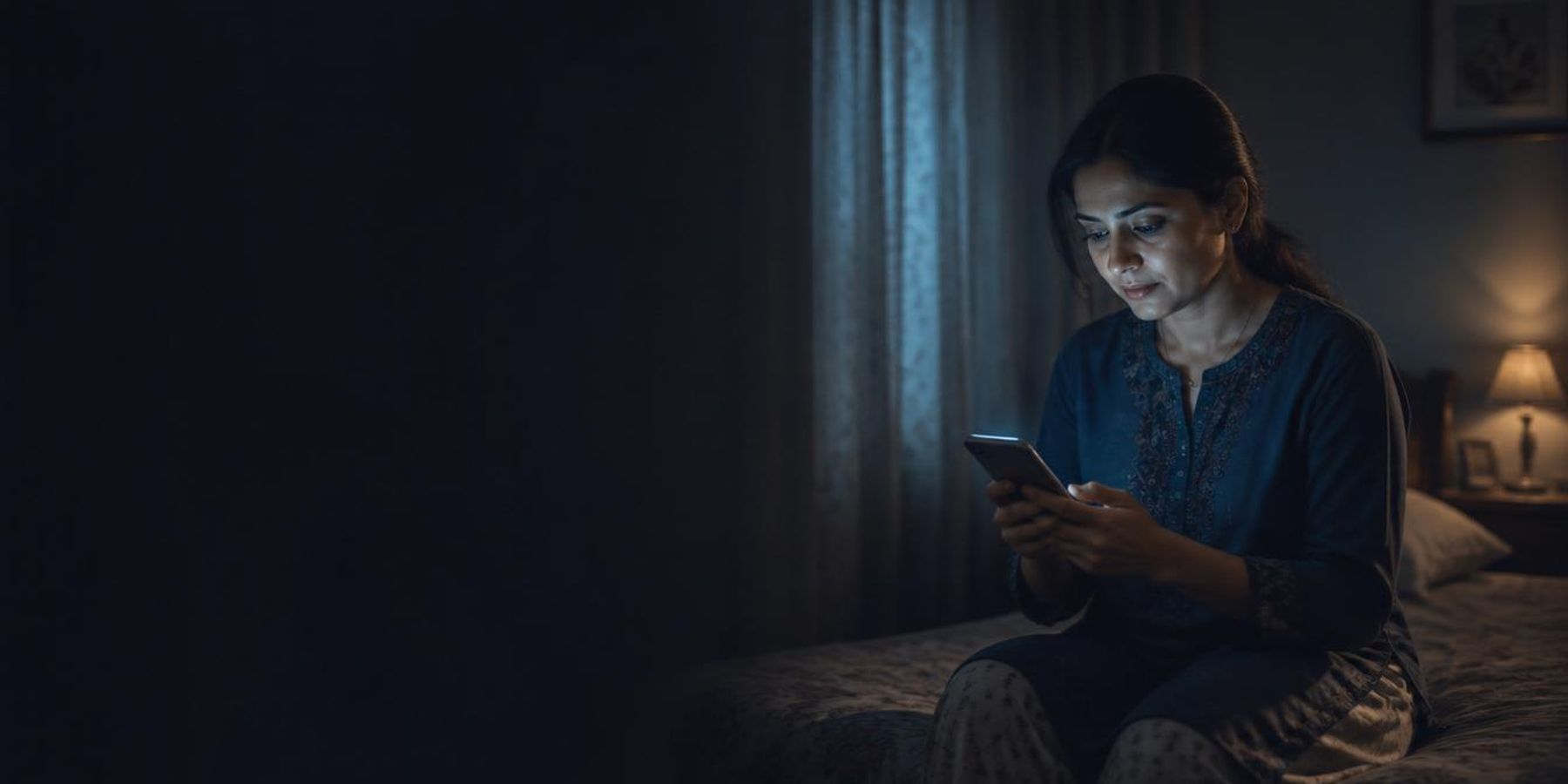 Woman reading her ultrasound report on her phone at night