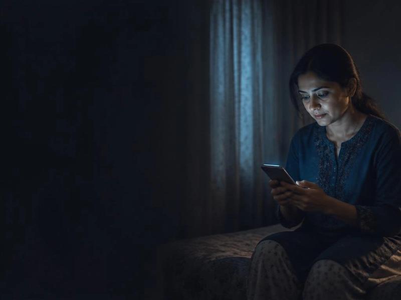 Woman reading her ultrasound report on her phone at night