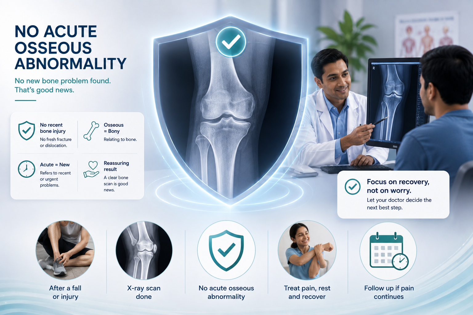 An X-ray showing an intact knee and lower leg, with plain-English explanations of what "no acute osseous abnormality" means