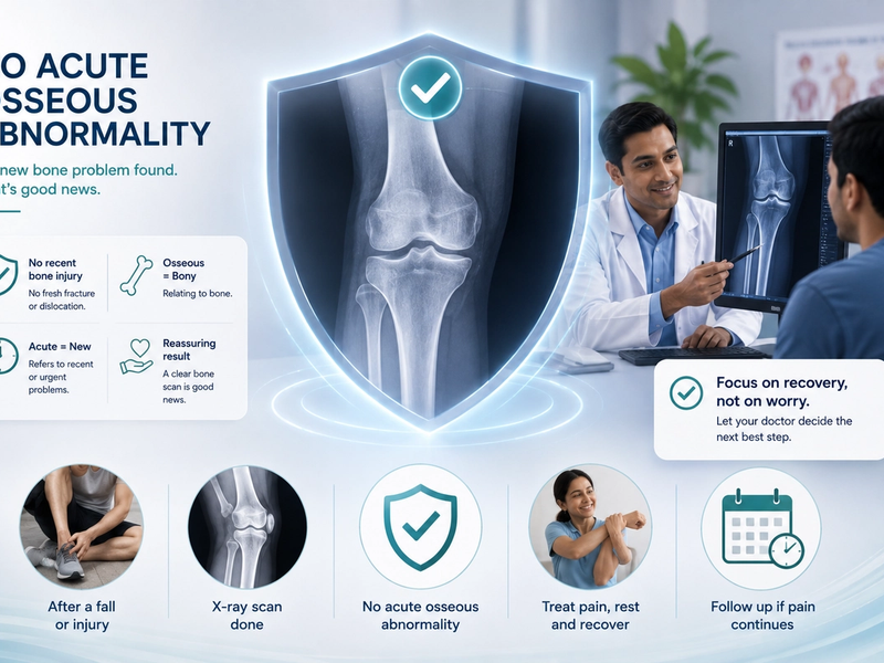An X-ray showing an intact knee and lower leg, with plain-English explanations of what "no acute osseous abnormality" means