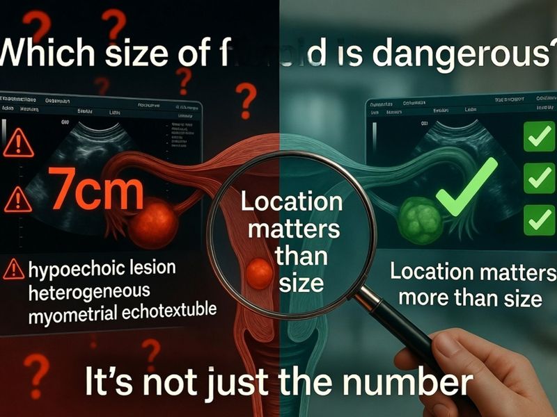 Uterine fibroid size chart comparing sizes in millimetres and centimetres with everyday comparisons, from a 2 cm grape to a 10 cm-plus grapefruit.