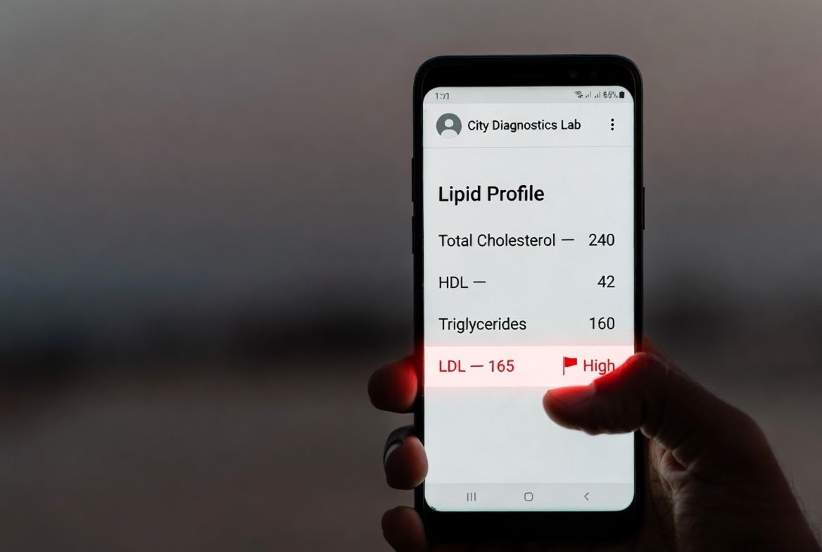 Phone showing a lipid profile report with LDL cholesterol of 165 flagged high
