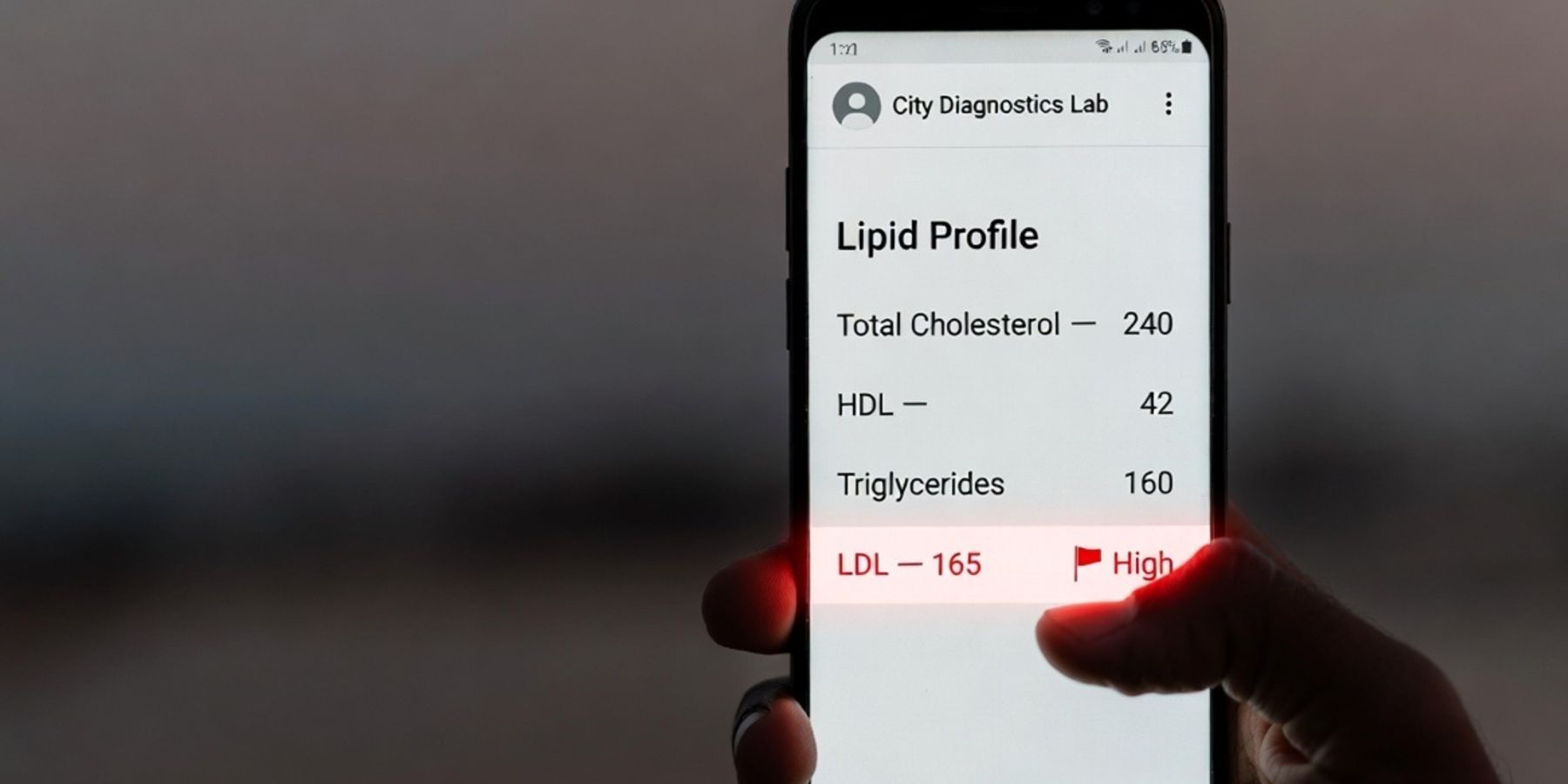 Phone showing a lipid profile report with LDL cholesterol of 165 flagged high