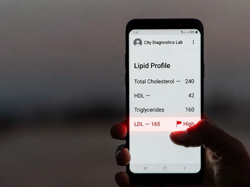 Phone showing a lipid profile report with LDL cholesterol of 165 flagged high