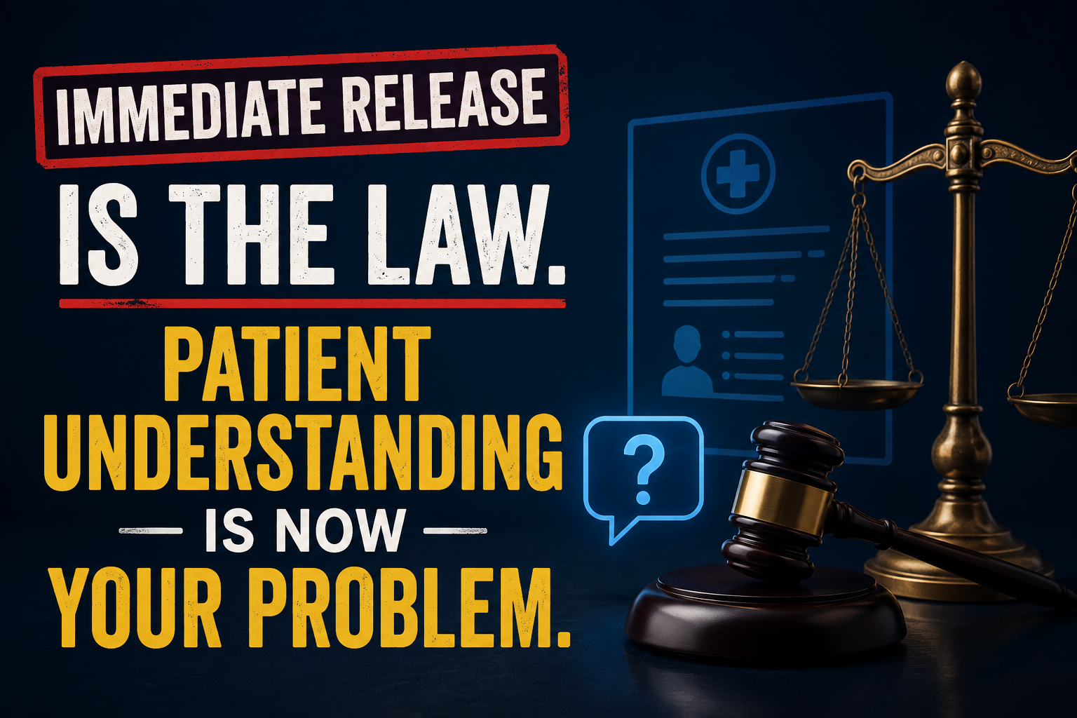 Scales of justice and a gavel beside a digital medical record, representing legally mandated immediate release of results